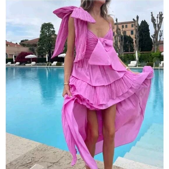 $795 LoveShackFancy Pink Raylene Tiered Pleated Bow High Low Maxi Dress 6 - Picture 16 of 16